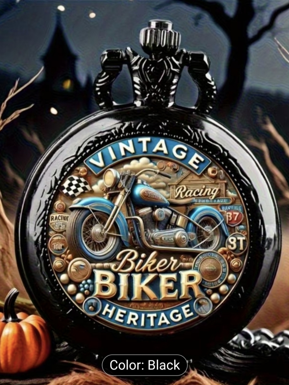 New Biker Pocket Watch Black Motorcycle Racing Chain Steampunk Style, T1MISB4J